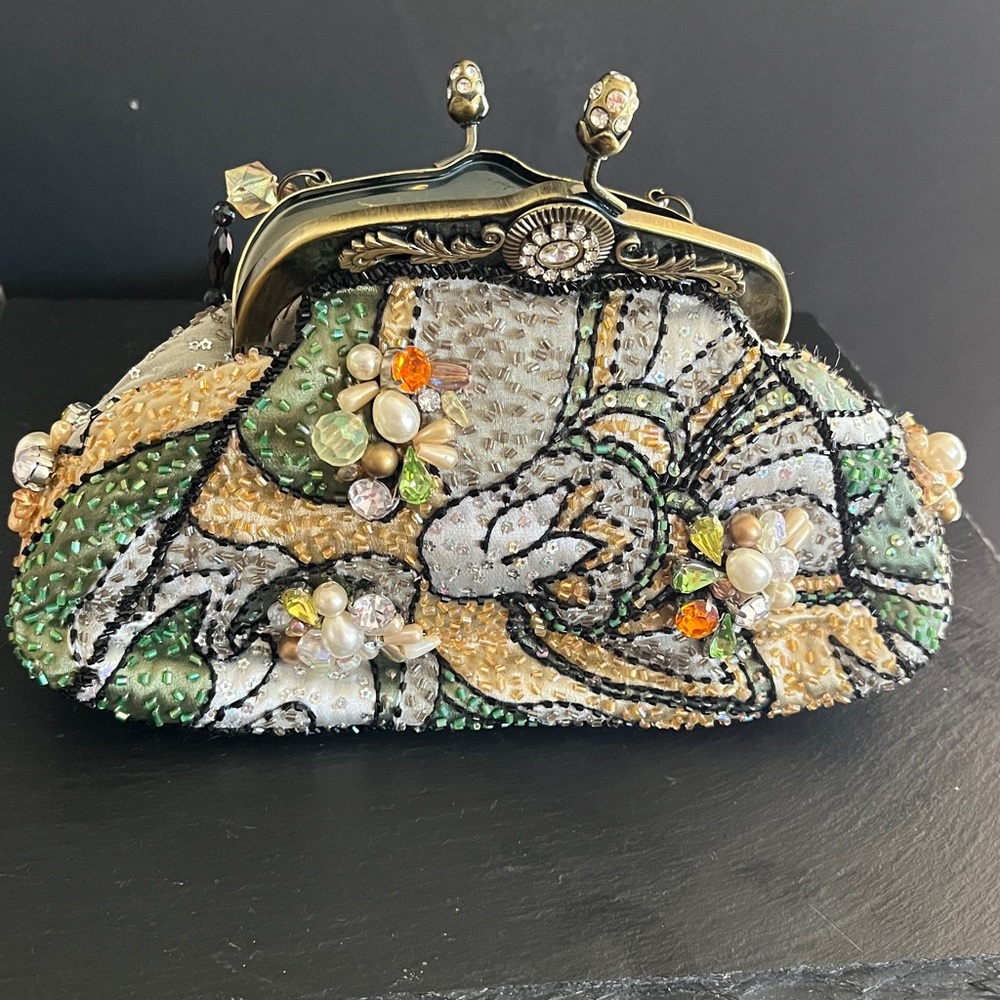 Mary Frances Vintage Metallic Olive, beige & black Beaded evening bag!